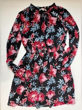 LOFT Black Floral Dot Long Sleeve Smocked Waist Work Mini Dress Size 0